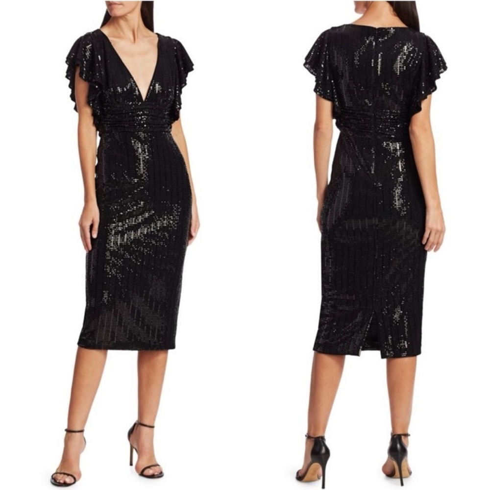 Badgley Mischka Sequin Flutter Sleeve Sheath V-Neck Dress